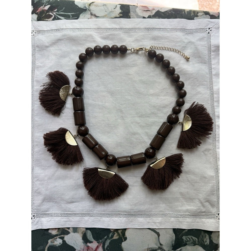 Chunky Brown Bead Tassel Statement Necklace Gold Tone Fan Fringe Boho Costume
